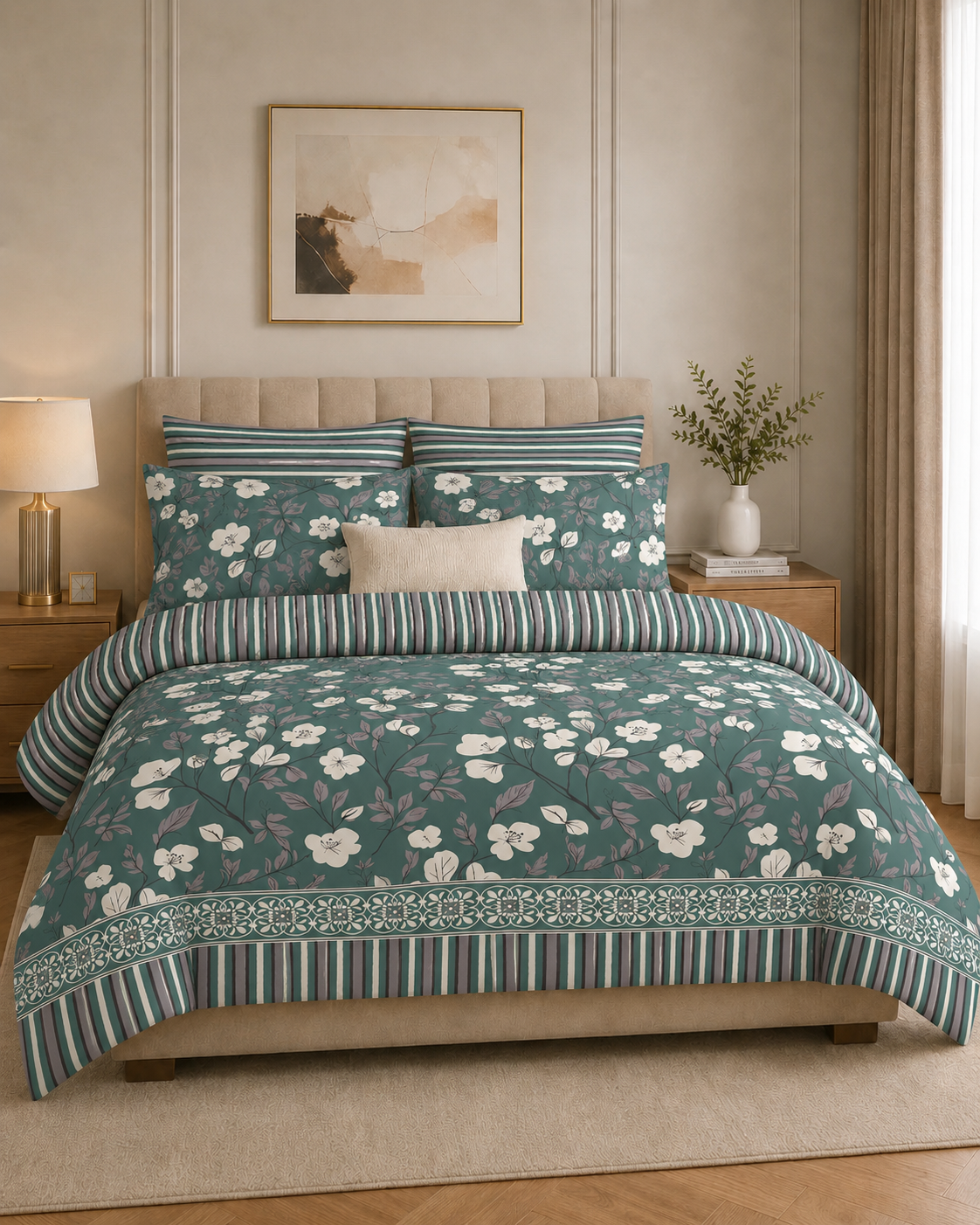 Comforter & Duvet Cover - Teal Blossom Stripe
