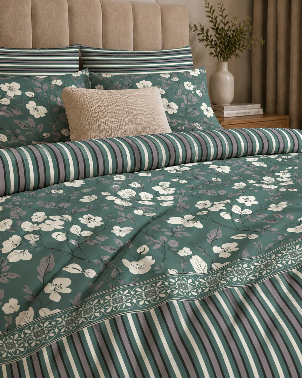 Comforter & Duvet Cover - Teal Blossom Stripe