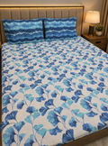 Aqua Bloom Waves blue and white king size bedsheet by Ahmed Collection
