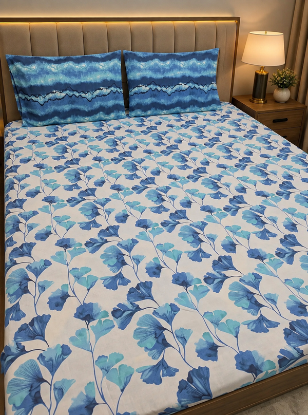 Aqua Bloom Waves blue and white king size bedsheet by Ahmed Collection