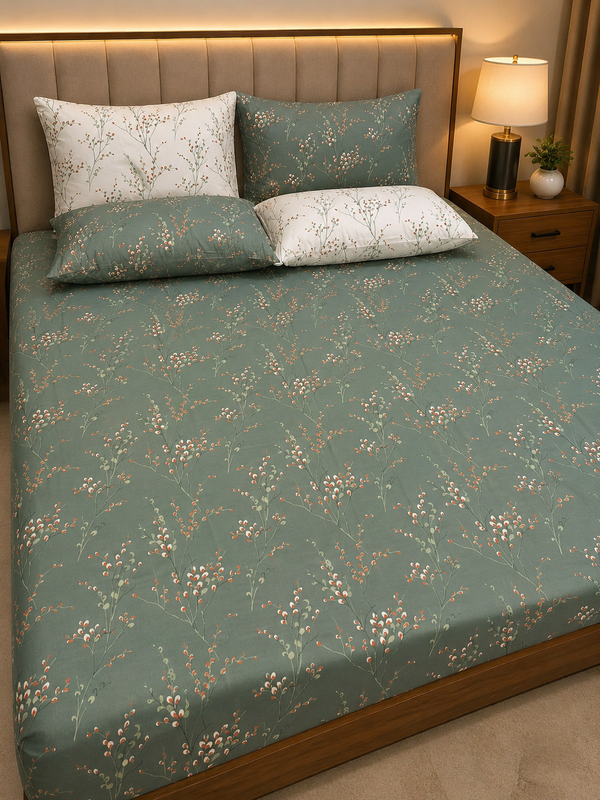 A bed dressed in a sage green floral-patterned sheet set with matching pillowcases and two white pillows with a delicate floral print, shown in a warmly lit bedroom setting.