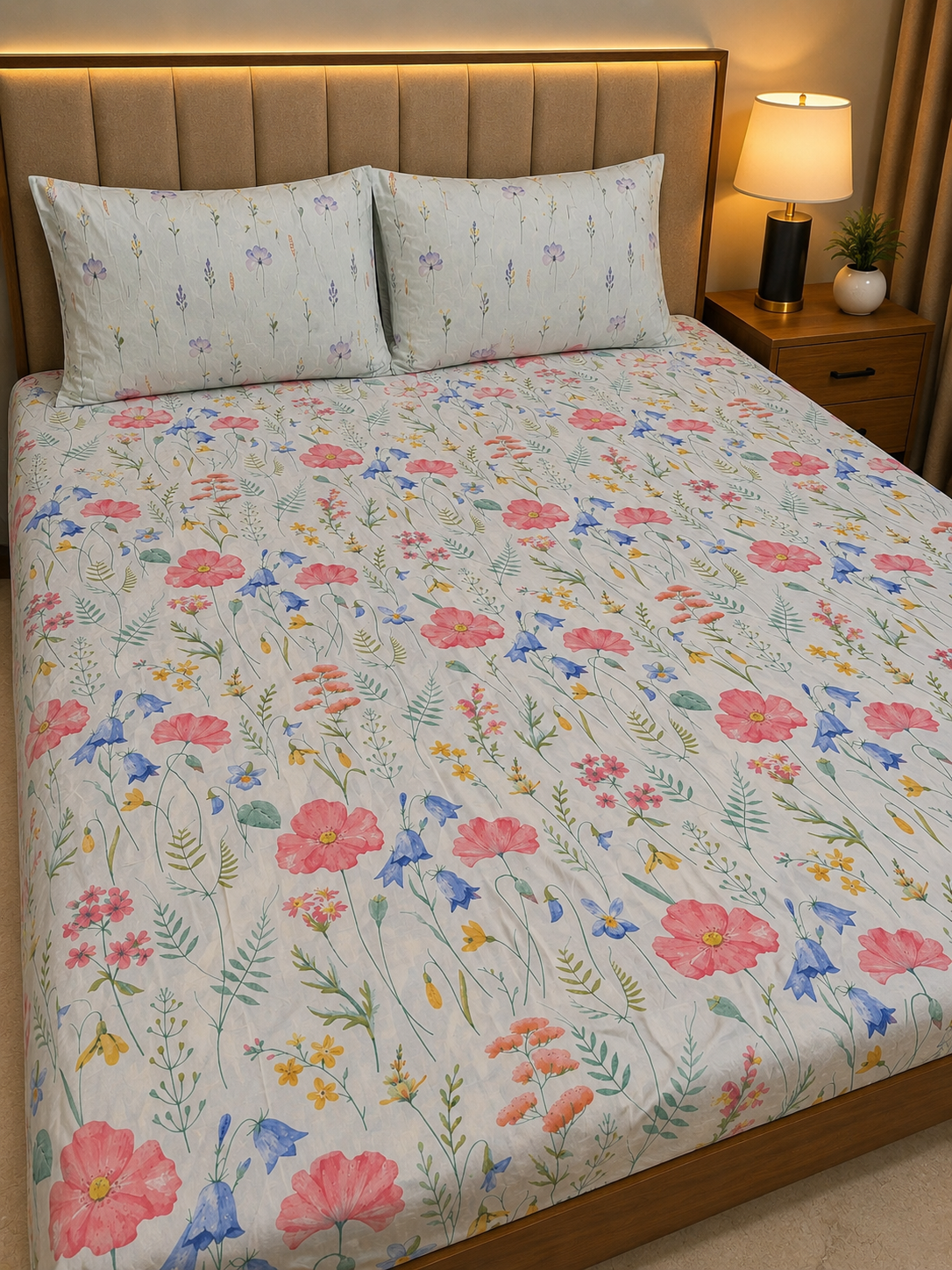 A floral-patterned bedding set featuring a white duvet cover and two matching pillowcases with pink, blue, and yellow wildflower designs, styled on a bed with a beige headboard and bedside lamp.