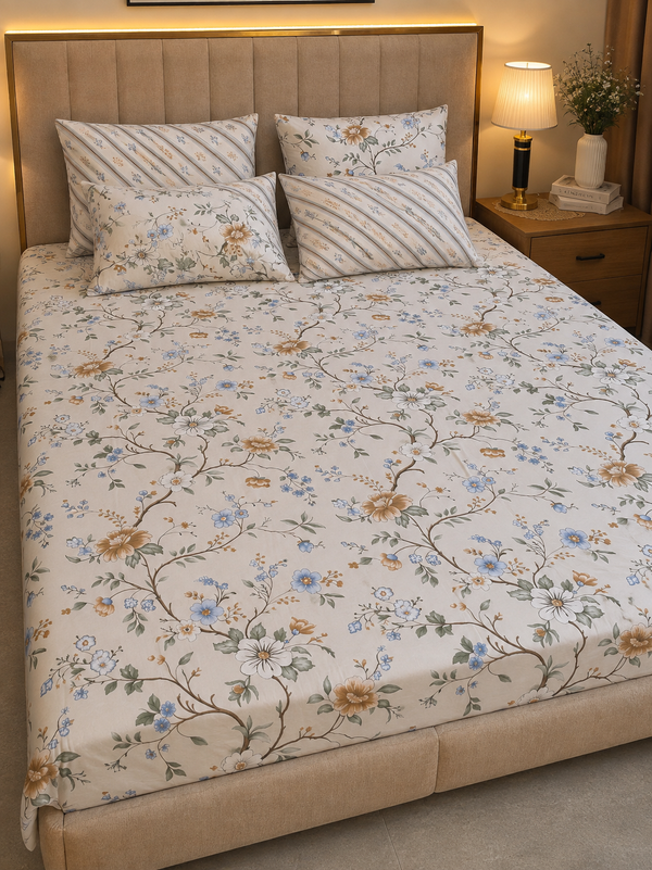 A neatly made bed in a bedroom setting, featuring a cream-colored floral duvet cover and matching pillow shams with blue, yellow, and brown botanical patterns. The bed is dressed with beige upholstered headboard and footboard, with a wooden nightstand and a lit lamp on the right side.
