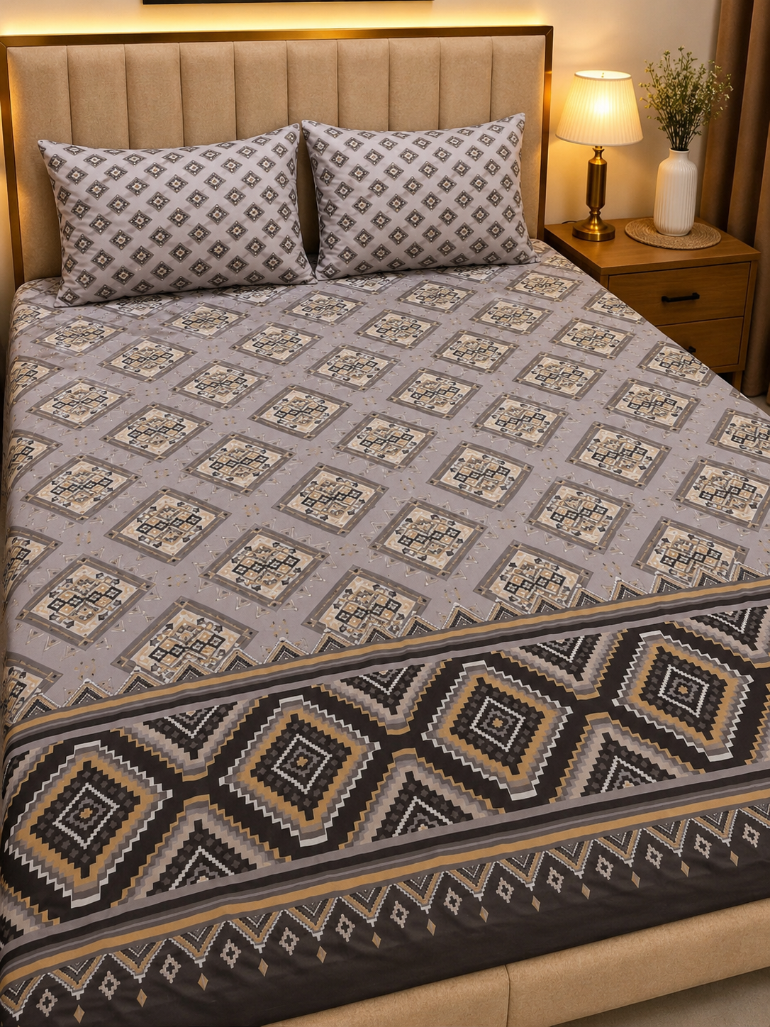 A neatly made bed with a patterned bedding set in a warm bedroom. The set includes a light gray duvet cover and two matching pillowcases, both featuring a repeating geometric diamond motif in beige, brown, and gray.