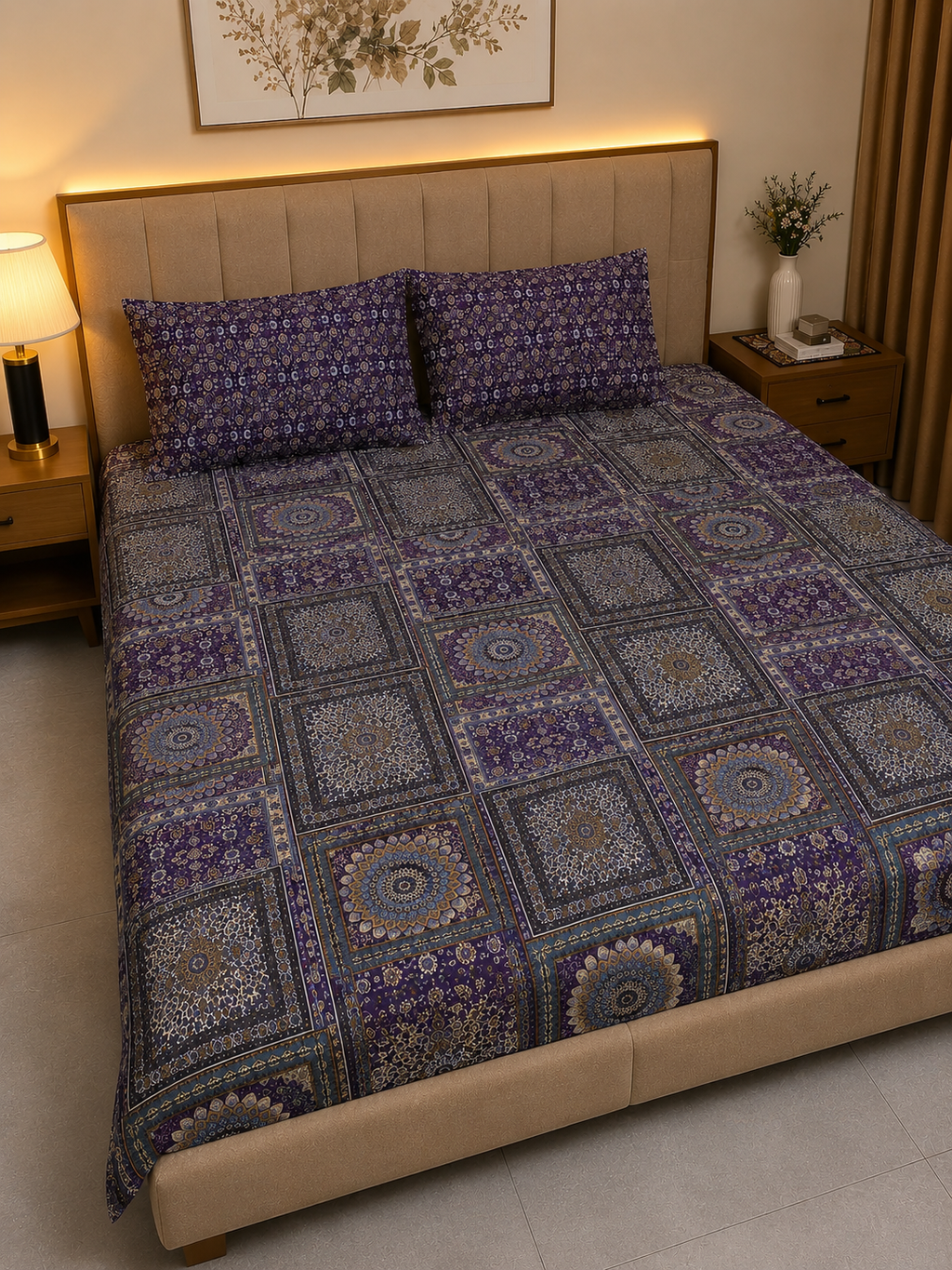 A bed dressed in a purple and blue patterned quilted bedspread with matching pillowcases, set in a styled bedroom with a beige upholstered headboard, bedside tables, and warm ambient lighting.