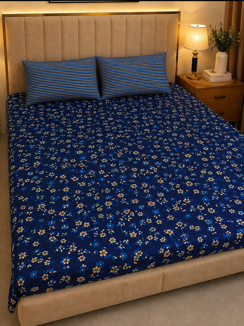 A bed dressed in a dark blue floral-patterned sheet and matching pillowcases, set in a bedroom with a beige upholstered headboard, a wooden nightstand, and a lit lamp.