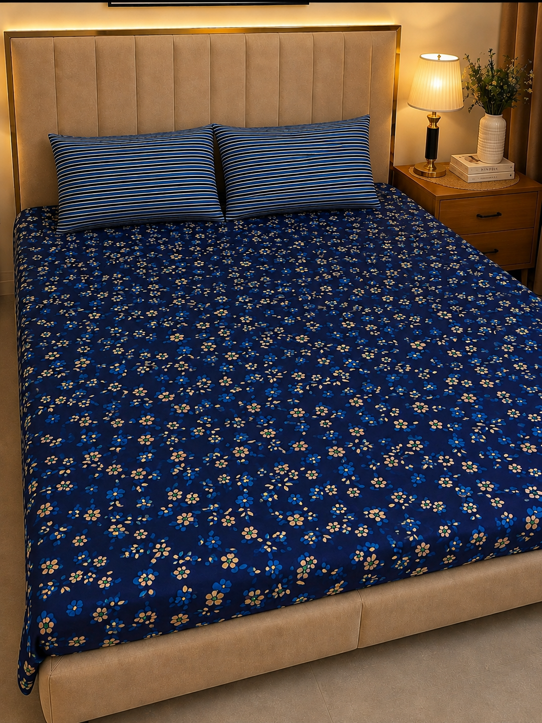 A bed dressed in a dark blue floral-patterned sheet and matching pillowcases, set in a bedroom with a beige upholstered headboard, a wooden nightstand, and a lit lamp.