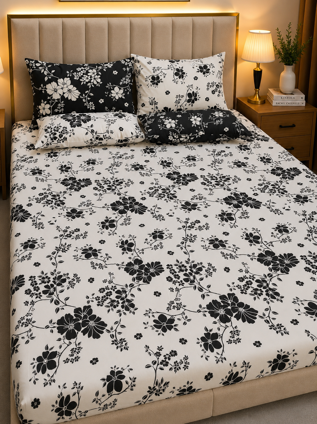 A bed dressed in a black and white floral print bedding set, featuring a duvet cover and matching pillowcases, styled in a warm, modern bedroom setting with a beige upholstered headboard and bedside lamp.