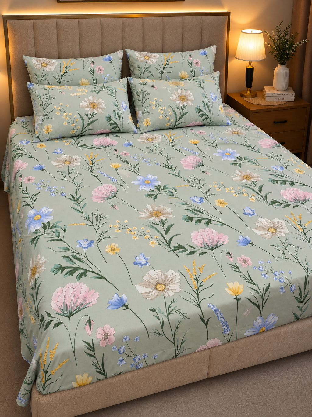 A floral bedding set with a sage green background and a multicolor wildflower print, styled on a bed in a warm, modern bedroom setting.
